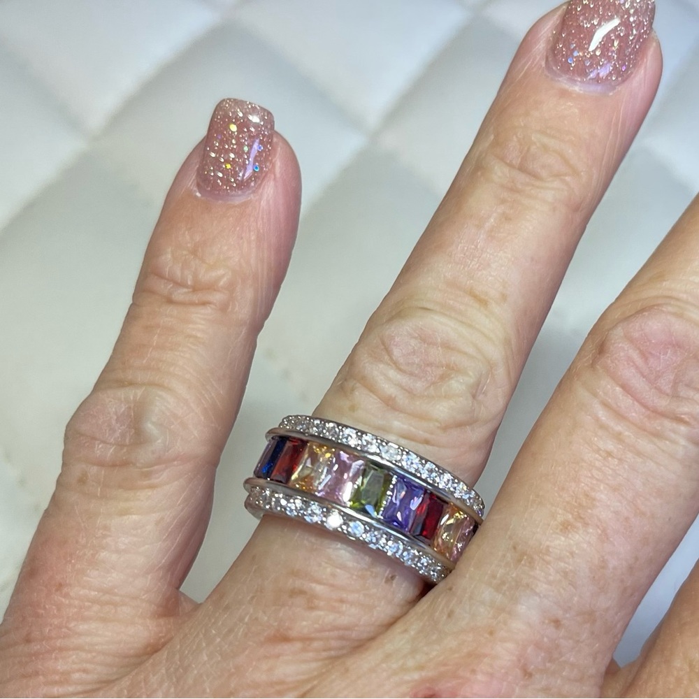 Silver and Multi Crystal Ring Size 7.5